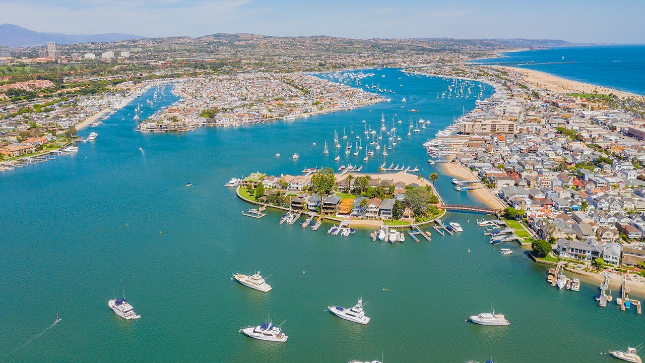 Aerial view of Newport Beach harbor and coastal neighborhoods