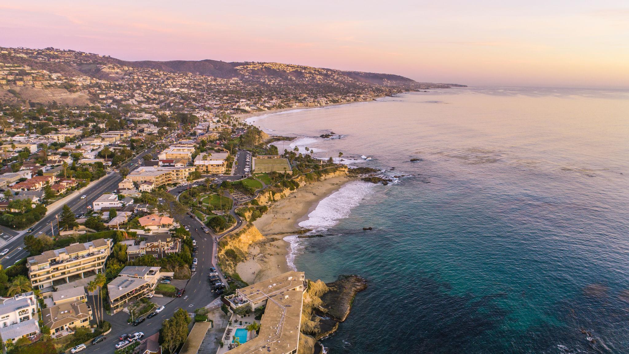Aerial coastal view of South Orange County at sunset