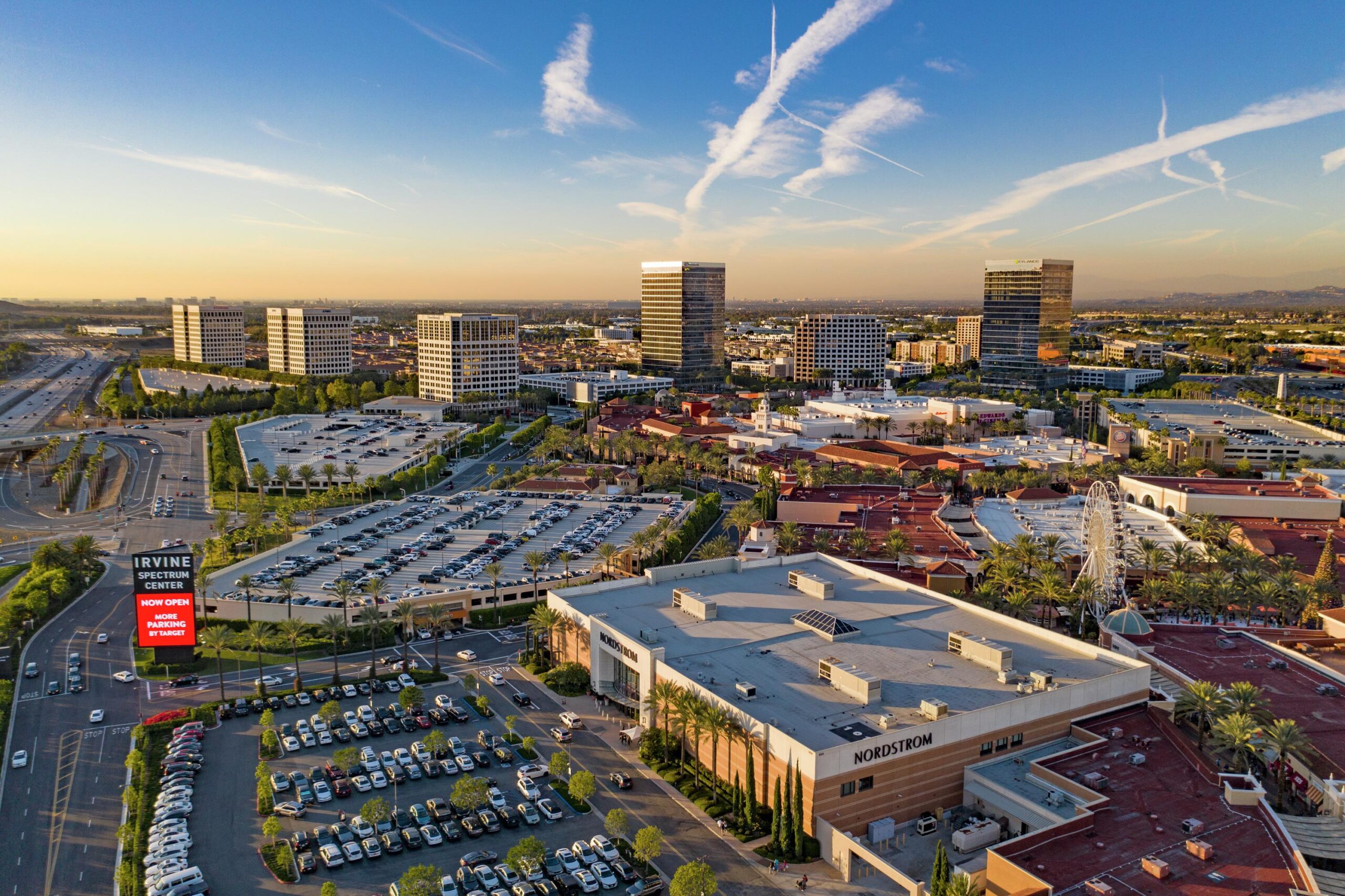 Aerial cityscape of Irvine with business district and surrounding neighborhoods